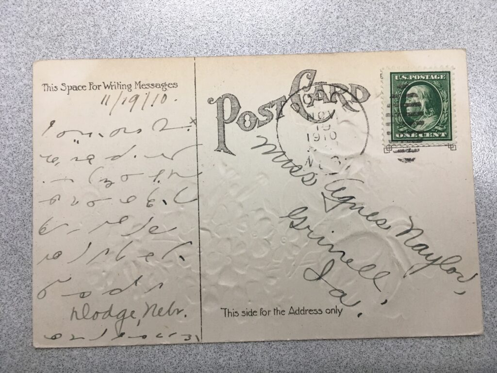 Stamp. Postmark Dodge, Neb. 19 November 1910. Message in shorthand.