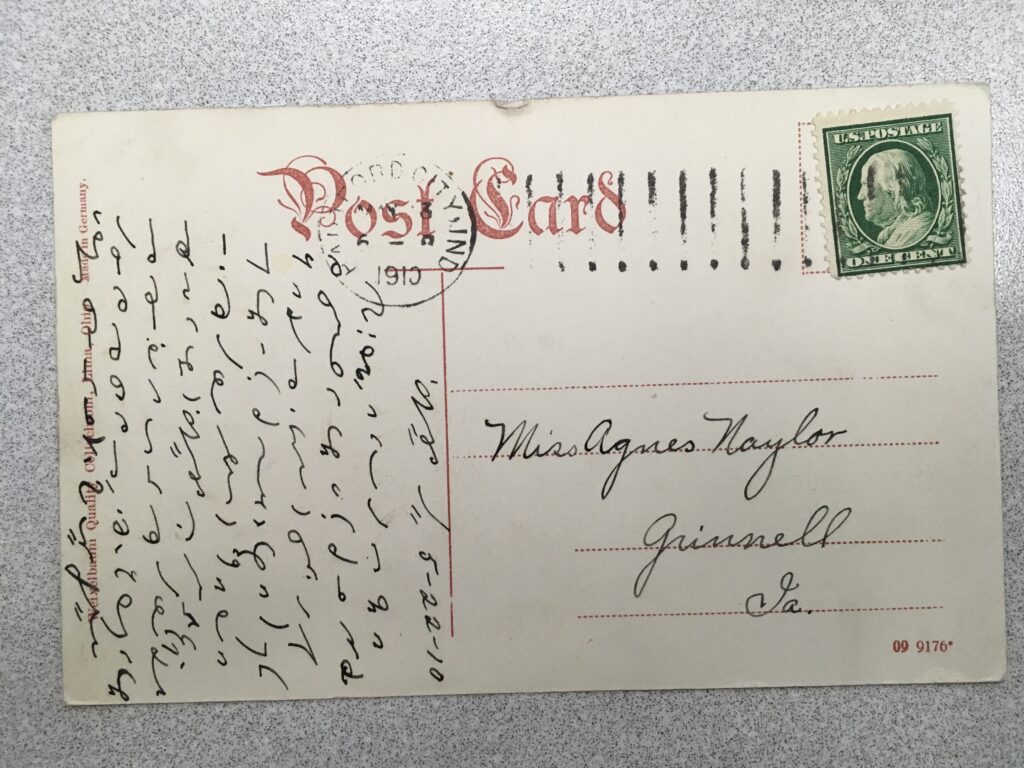 Stamp. Postmark [Hartford?] city, Indiana. 23 May 1910. Message in shorthand, as is signature. 