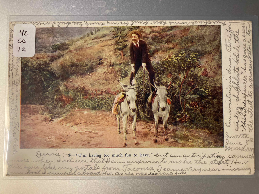 A white man in suit and hat riding two burrows, one foot on the back of each. Caption: "I'm having too much fun to leave." See post for manuscript message.