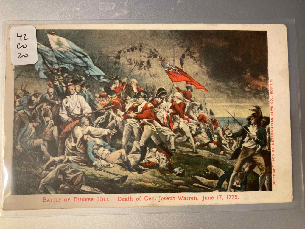 Caption: Battle of Bunker Hill. Deth of Gen. Joseph Warren, June 17, 1775. Copyright by Metropolitan News Co., Boston. Shows reproduction of oil painting.