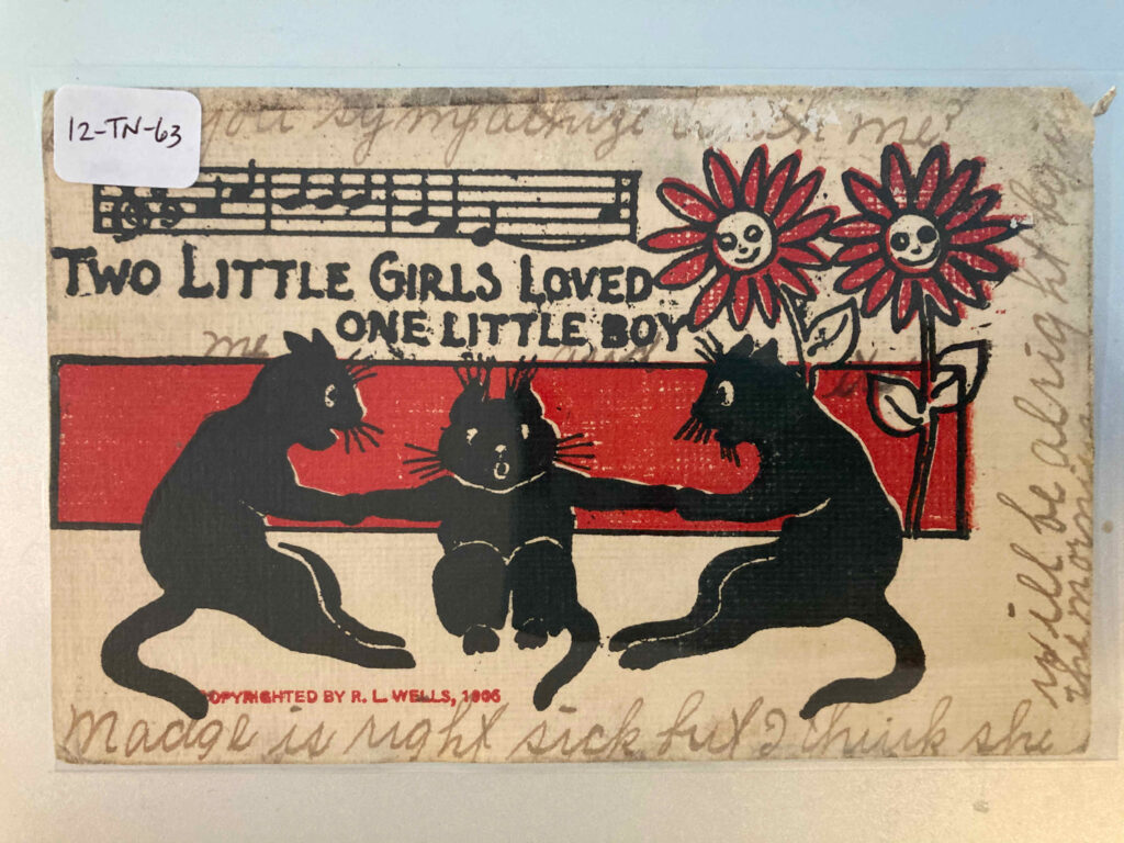Two cats each pulling on one arm of a third cat while two sunflowers watch. A line of music and the caption/song title "Two Little Girls Loved One Little Boy" Copyrighted by R.L. Wells 1905.