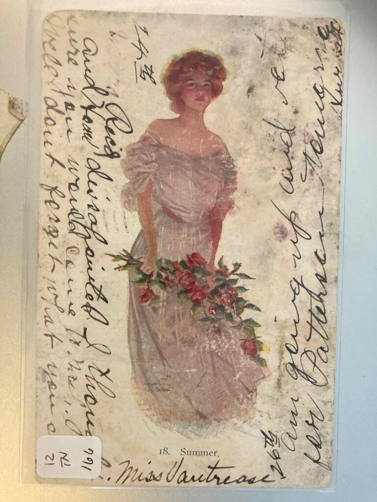 A woman holding roses. Caption "Summer"